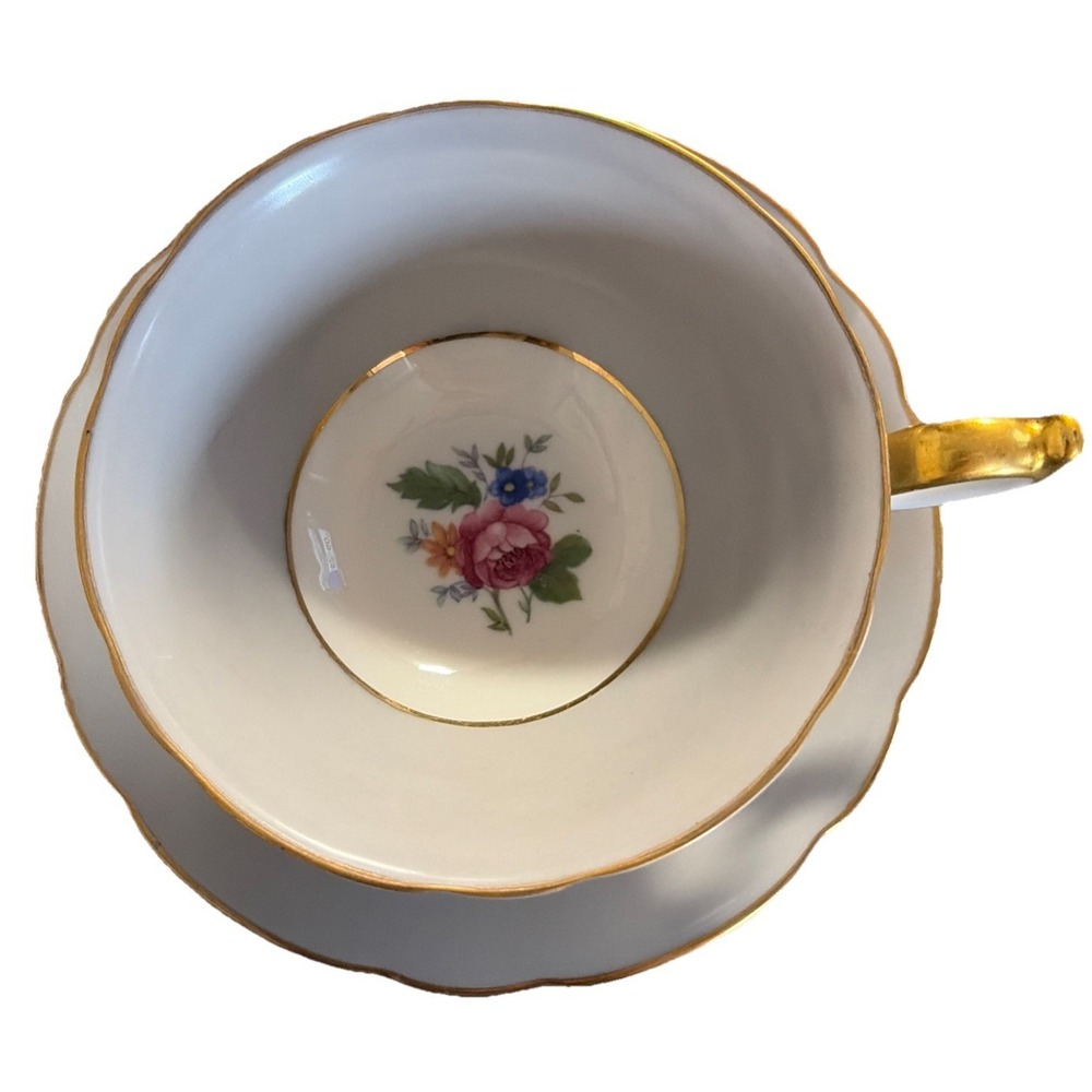 Royal‎  Bayreuth Gray Cup & Saucer With Pink Rose And Gold Trim Germany US Zone